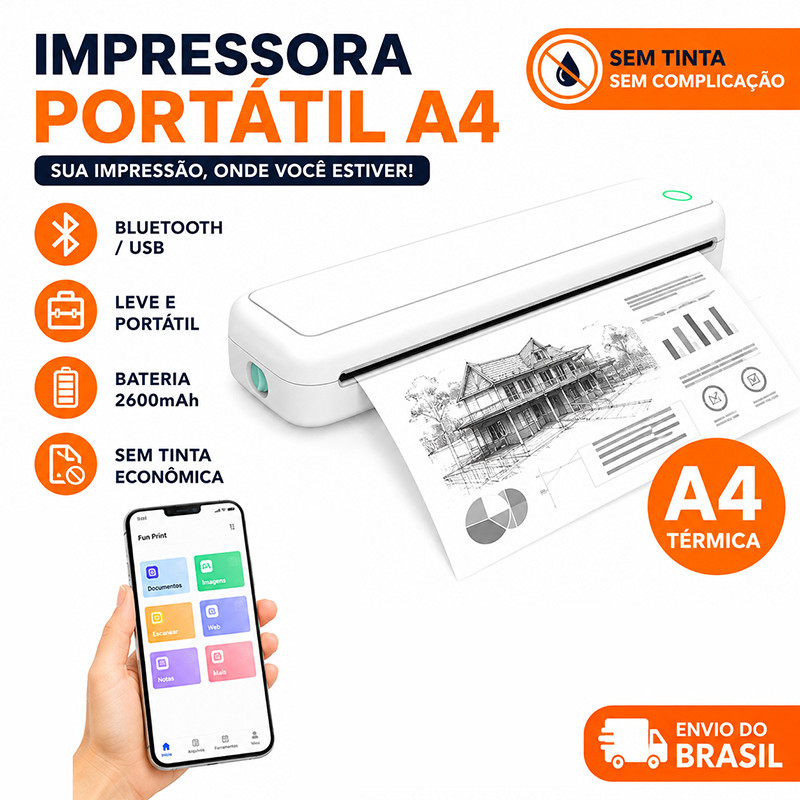 Impressora Portátil A4 Sem Tinta Bluetooth USB 2600mAh Térmica para Celular e Notebook