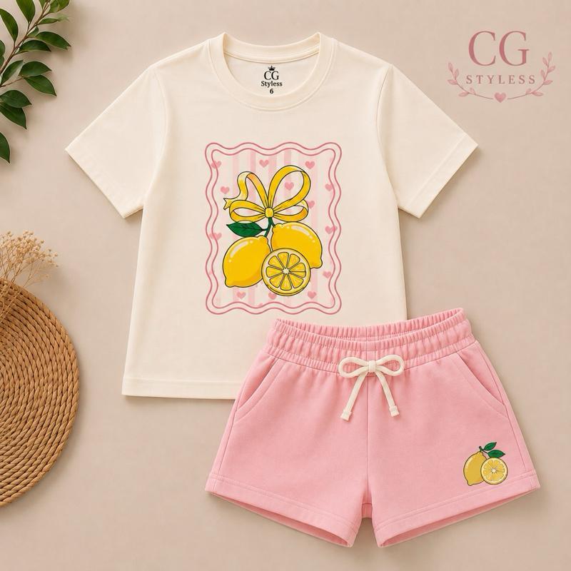 Conjunto Infantil Menina Limão Siciliano – Camiseta Estampada + Short Rosa Moletinho | Look Verão Fofo e Estiloso
