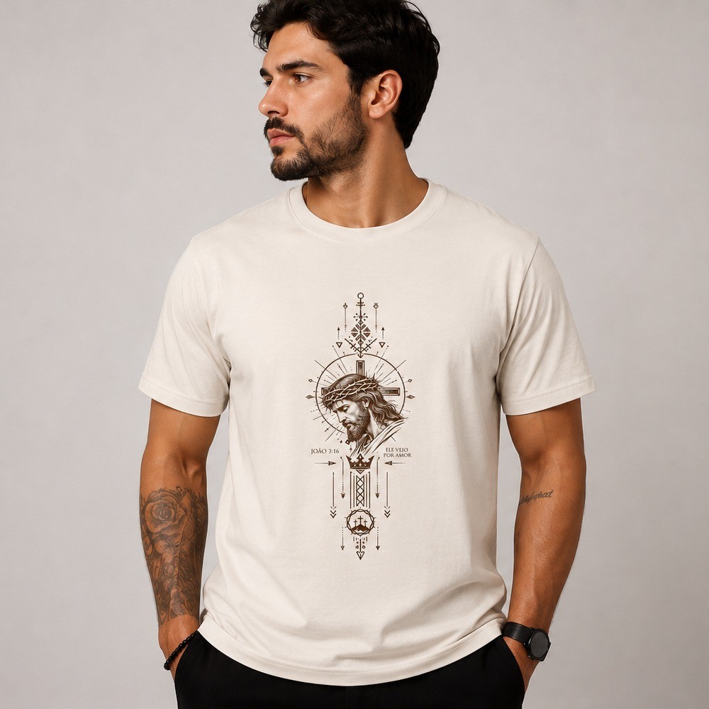 Camiseta Masculina T-Shirt 100% Algodão Estampada Bussola Jesus Cristo  Streetwear