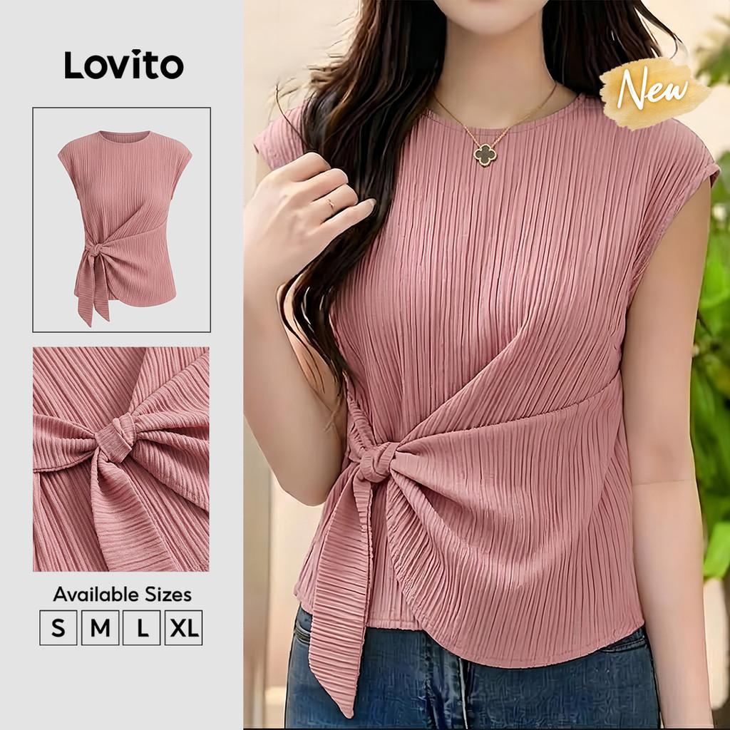 (New Arrival) Lovito Blusa Rosa Sem Mangas Gola Redonda Amarrar Primavera Verão 