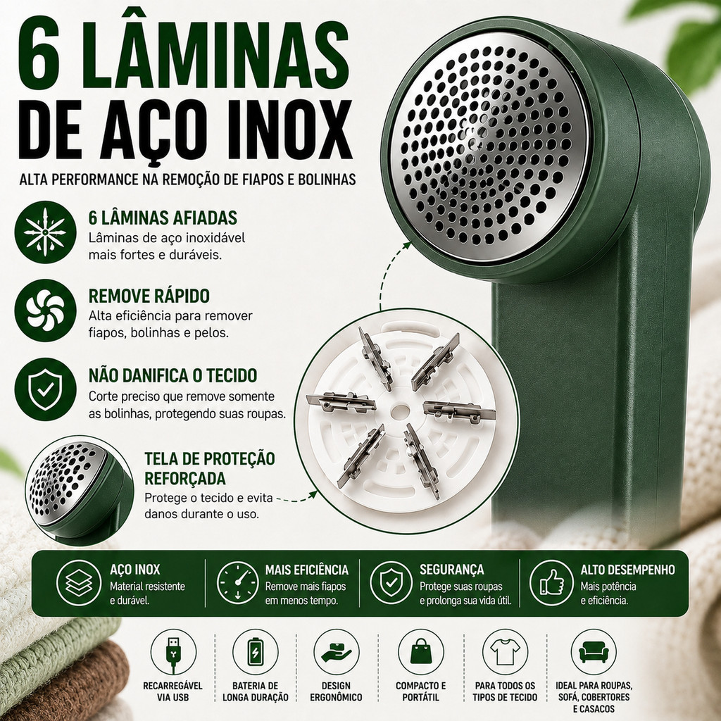 Removedor de Fiapos Elétrico USB Recarregável 6 Lâminas para Roupas Sofá Cobertor Casacos