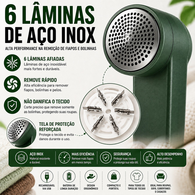 Removedor de Fiapos Elétrico USB Recarregável 6 Lâminas para Roupas Sofá Cobertor Casacos