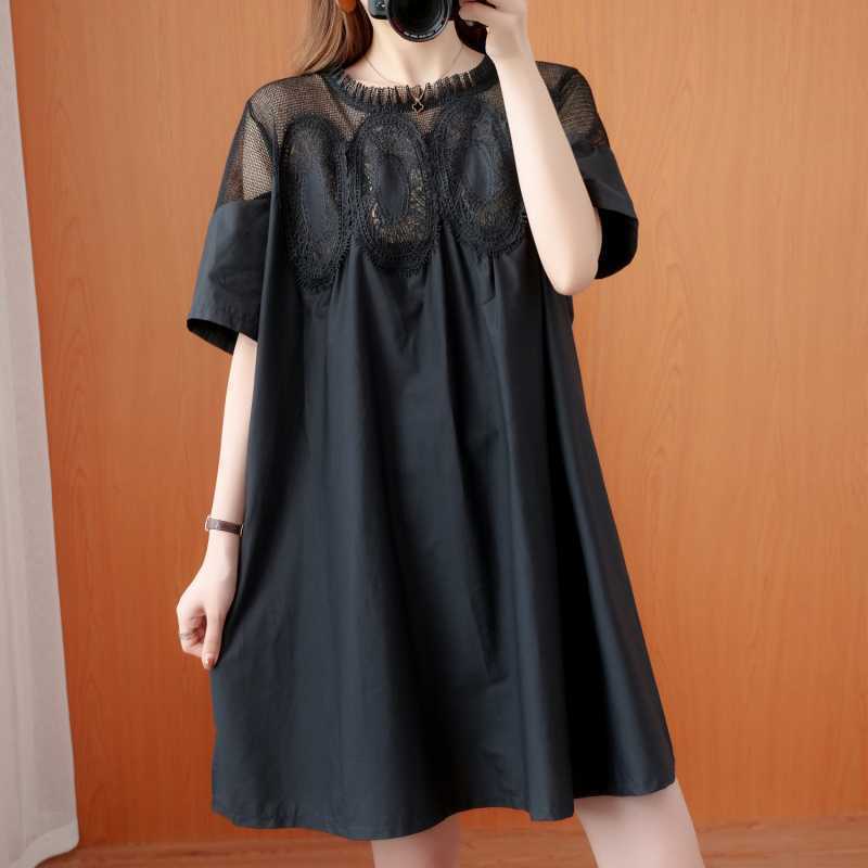 Olhos grandes [Roupas femininas estilo Yamamoto] Vestido de manga curta-2 cores Roupas femininas Plus Size Gola redonda