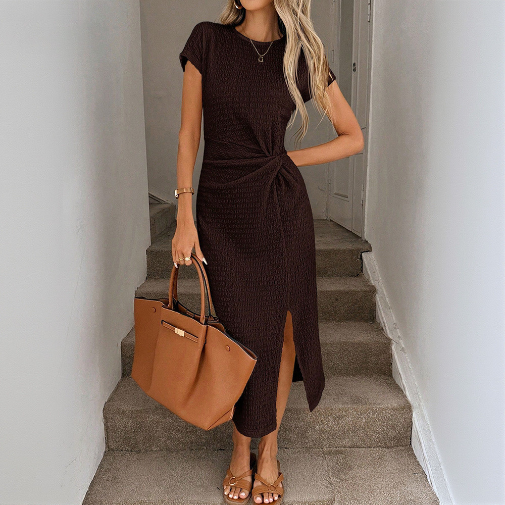 Oferta especial: Vestido feminino elegante de comprimento midi, com fenda, cintura marcada, manga curta, em tom marrom, 