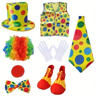 Conjunto de Fantasia de Palhaço com 8 Peças: Nariz de Palhaço Vermelho, Sapatos, Colete, Chapéu, Peruca, Gravata Borbole