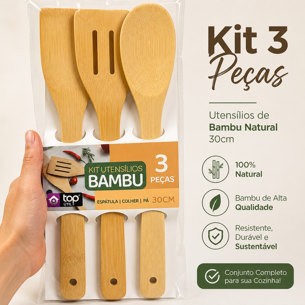 Kit 3 Utensílios de Bambu 3 Peças para Cozinha Espátula Colher 30cm Conjunto