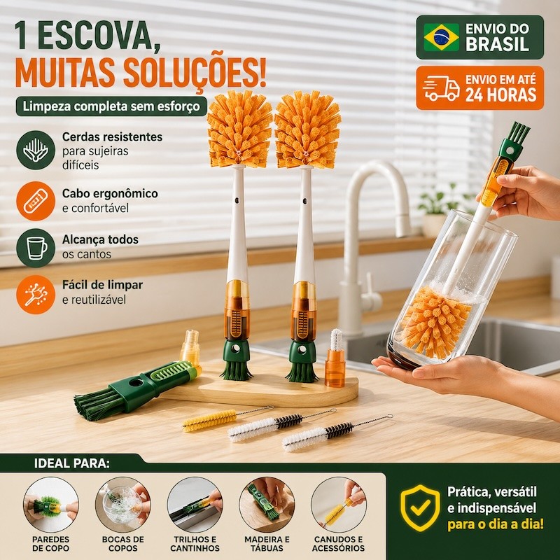 Kit 3 Escova 5 em 1 para Garrafas, Copos, Canudos, Tampas e Mamadeiras Limpeza Multiuso