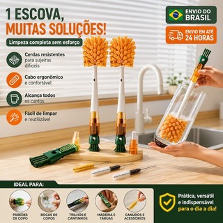 Kit 3 Escova 5 em 1 para Garrafas, Copos, Canudos, Tampas e Mamadeiras Limpeza Multiuso