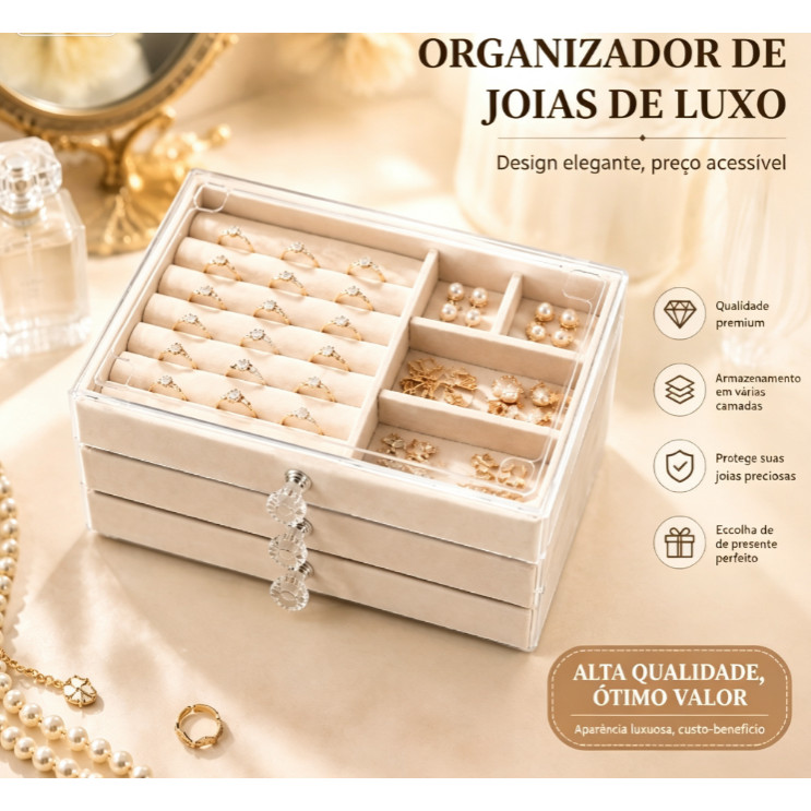 Caixa Organizadora de Joias com Vários Níveis, Grande Capacidade com Gavetas e Revestimento Macio para Acessórios