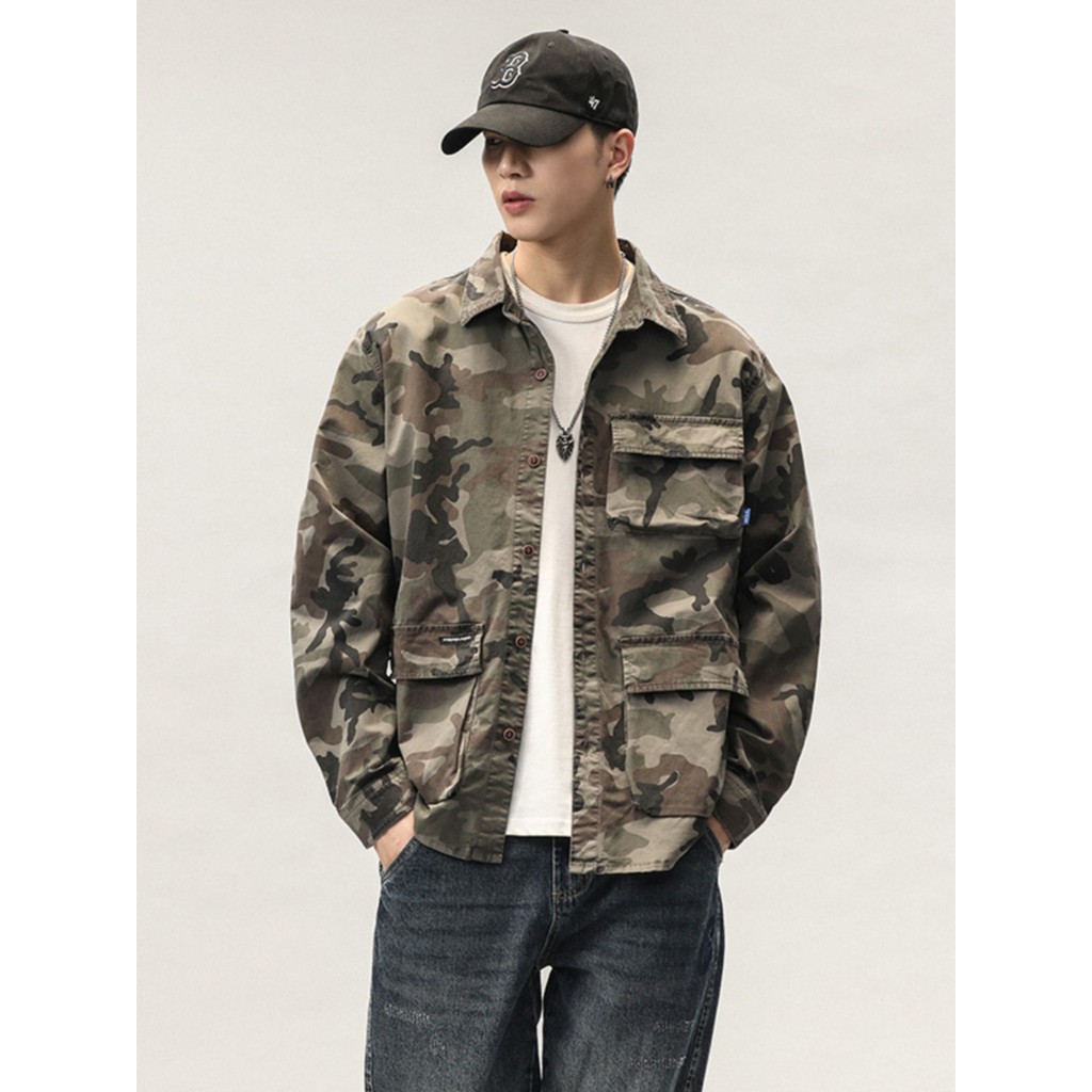Primavera outono novo estilo masculino Casual camuflagem jaqueta de manga comprida americano Retro macacão topo juventud