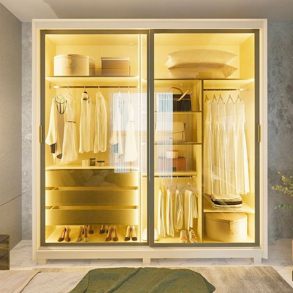 Guarda-Roupa Casal 2 Portas Reflecta com Pés e LED 100% MDF Platinum Bege/Off White