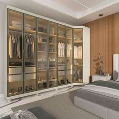 Guarda-Roupa Modulado com Vidro Reflecta 100% MDF 302,6x240cm Imperatriz Bege/Off White