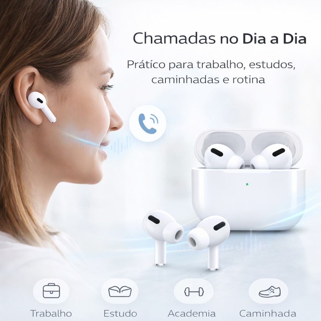 Fone de Ouvido Bluetooth Sem Fio Pro 3 para Android e iOS com Estojo Carregador