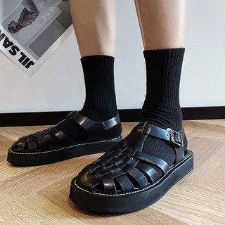 Sandálias De Couro Romano De Sola Grossa Homens Verão Confortável All-Match Retro Sapatos Masculinos Baotou Estilo Britâ