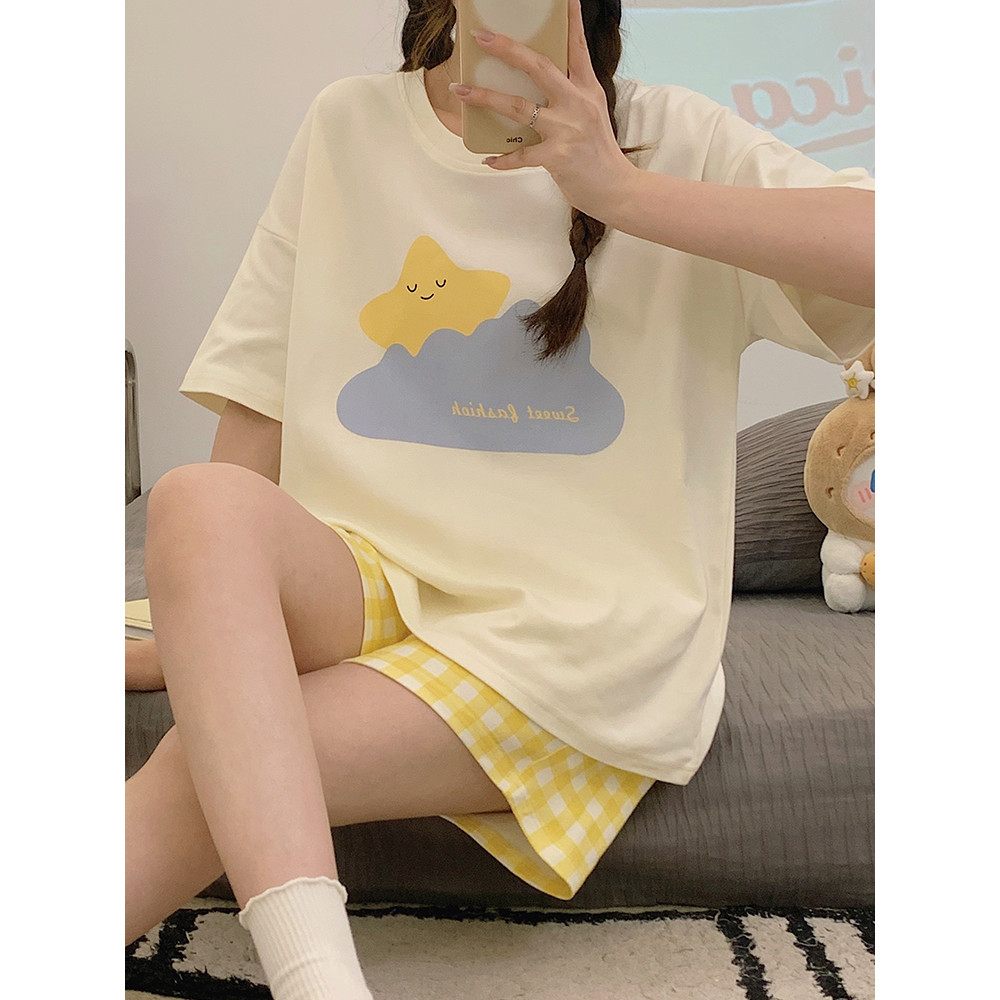 Kazhilian pijamas femininos verão pode usar manga curta puro algodão estilo fino estudante Shorts xadrez simples Casual 