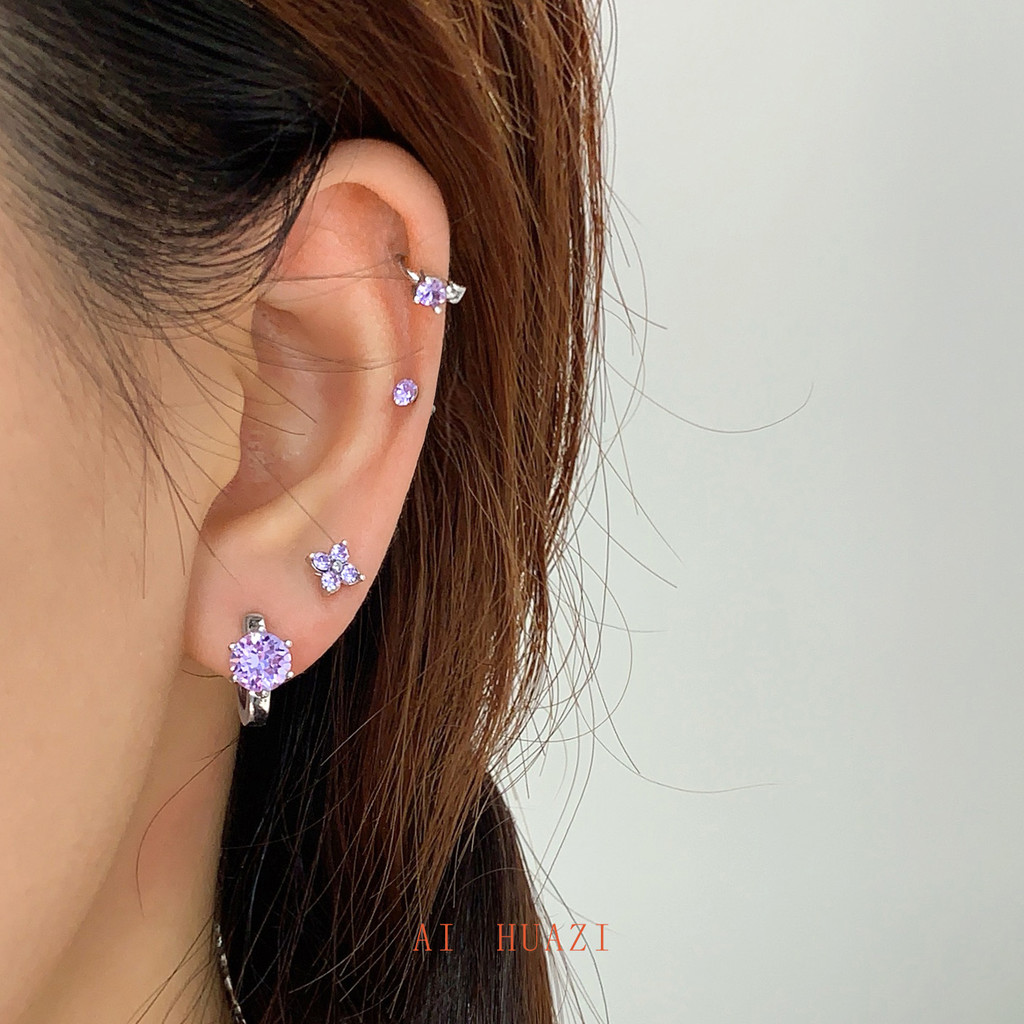 Lindos brincos de diamante roxo brincos médicos de liga de titânio brincos de borda única brincos hipoalergênicos