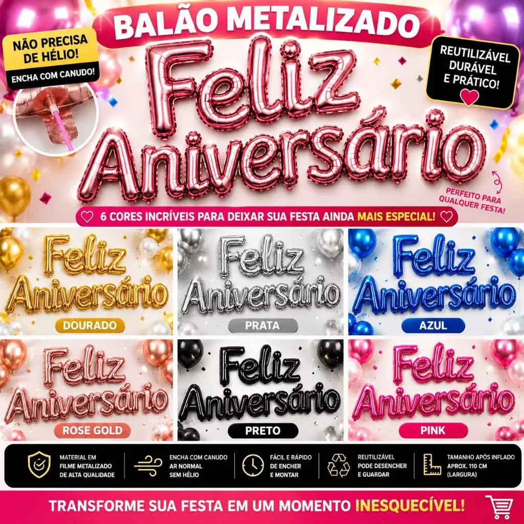 Balão Metalizado Feliz Aniversario CURSIVO Decorativa festa aniversario decoracao enfeite