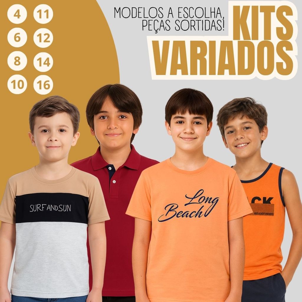 Kit 3 Peças Menino Infantil Algodão Vários Modelos E Estampas Sortidas Até 16 3410-K3-C4