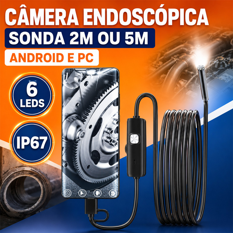 Câmera Endoscópica com Sonda 2m ou 5m para Celular Android e PC USB Inspeção de Tubos e Motores