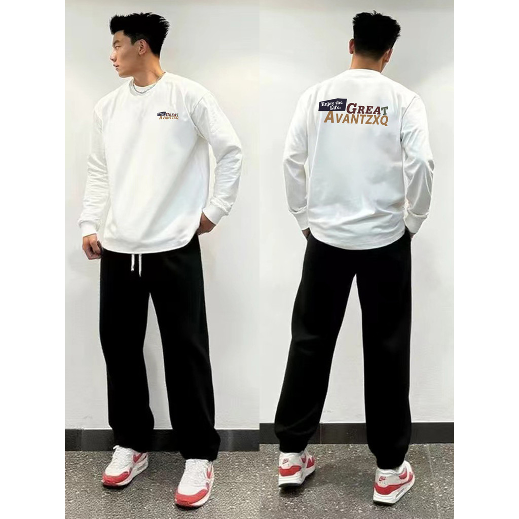 Carta americana impressa camiseta de manga comprida masculina peso pesado algodão puro solto em torno do pescoço branco 