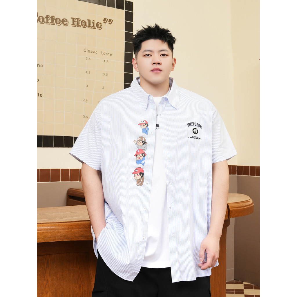 THE PANG Street Wear Plus Size Masculino Verão Gordo Solto Listrado Camisa de Manga Curta Plus Fat Plus Camisa Estampada