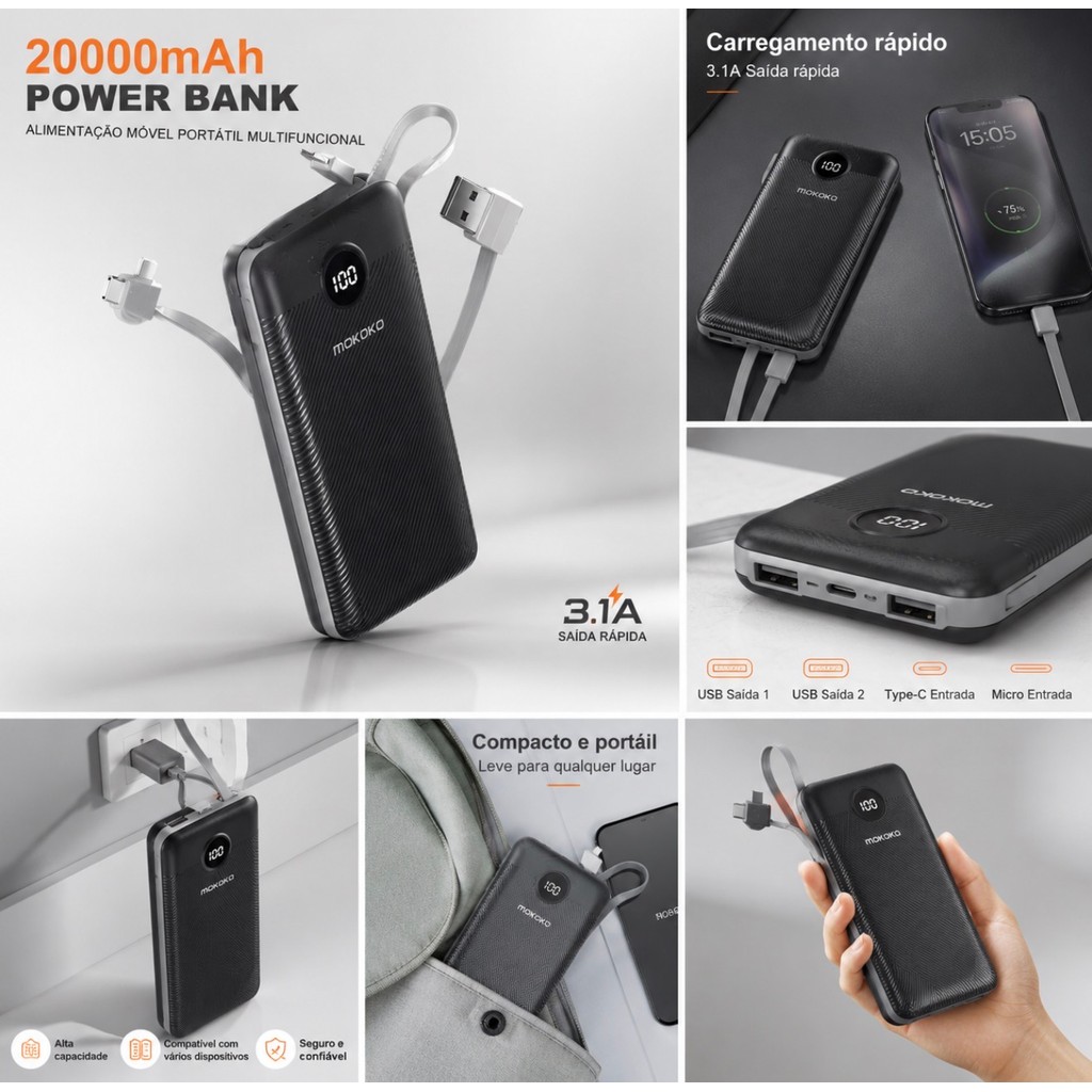 MOKO Power Bank Original 20000mAh Carregador Portátil Universal Carga Rápida Tipo-C Lightning