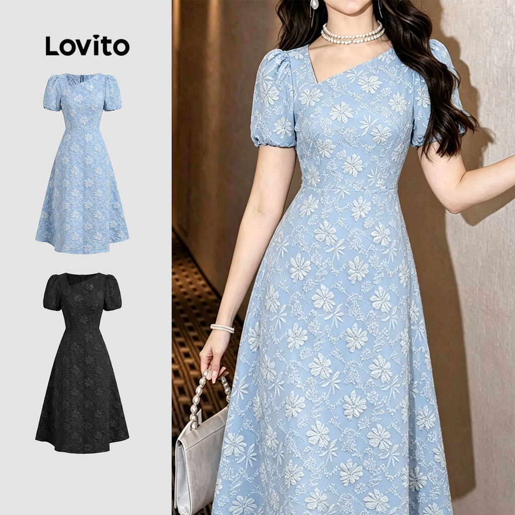 Lovito Vestido Elegante Assimétrico de Jacquard Azul para mulheres DRK8TD303