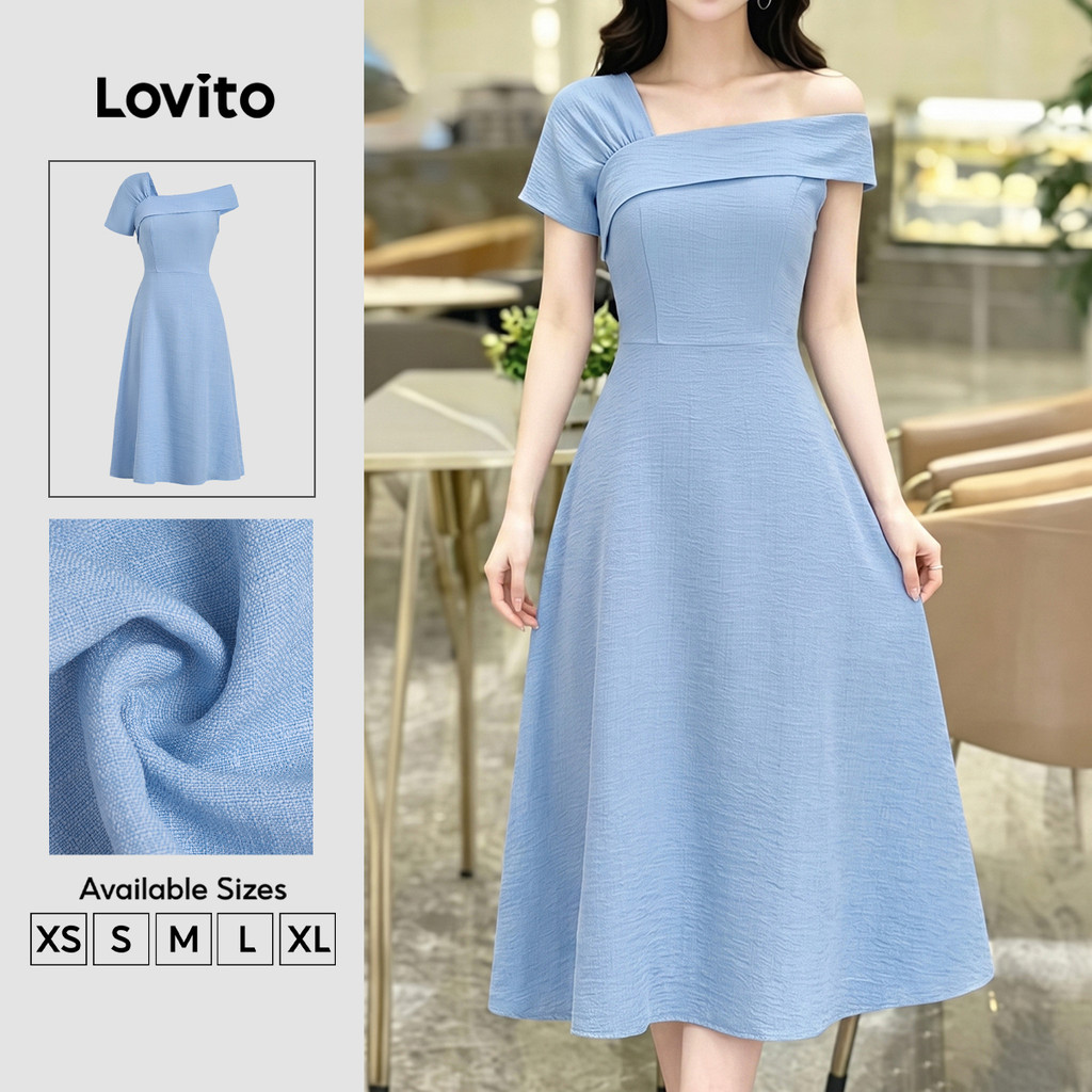 (New Arrival) Lovito Vestido Azul Elegante Assimétrico Drapeado Com Textura Linha a Primavera/Verão Workwear Para Mulheres DRB201P1D651