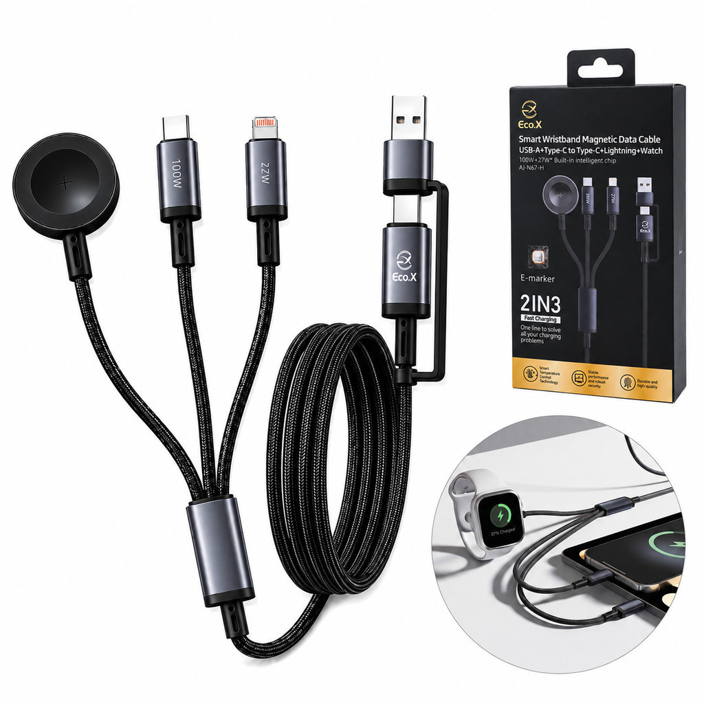 Cabo Carregador 3 em 1 Nylon Reforcado com Base Magnetica para Relogio 2.5W