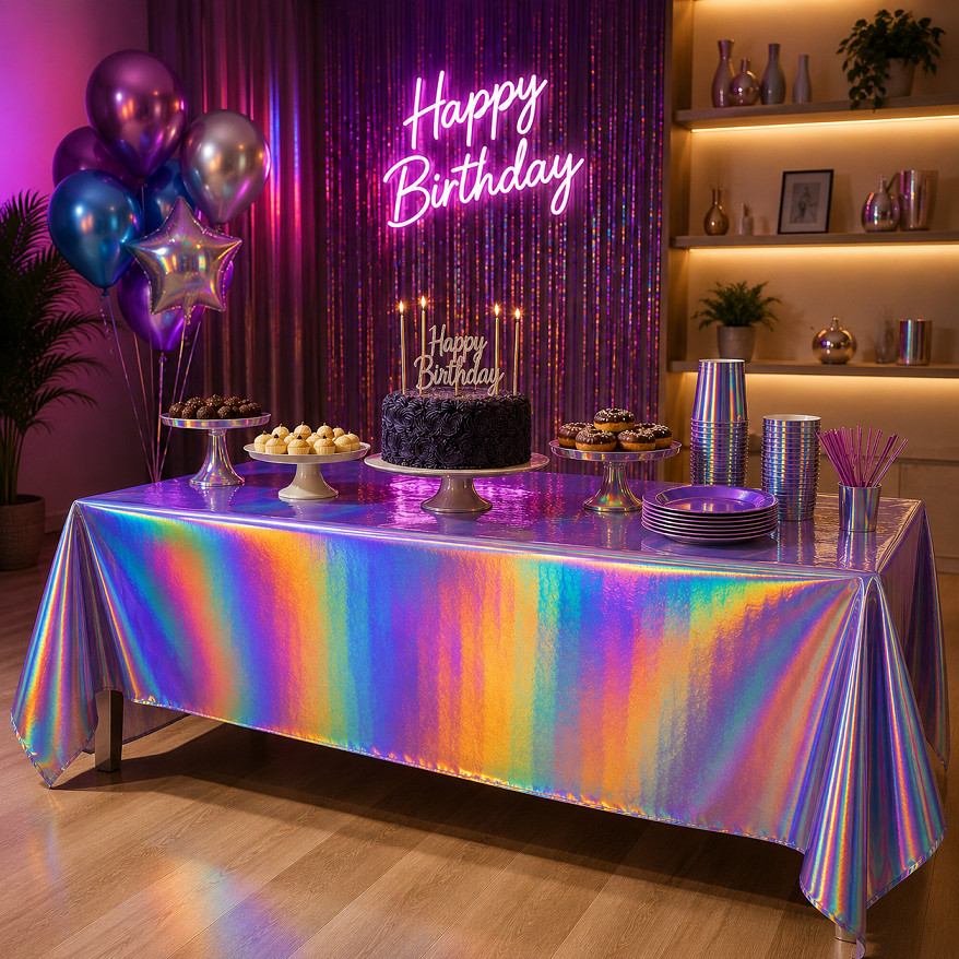 Decoração de Festa Toalha de Mesa Plástica Holográfica Aniversário Resistente 137x274CM Fruta Cor Dourada Prata