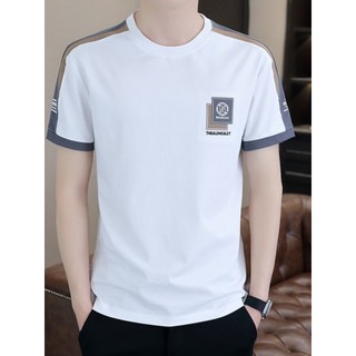 Camiseta masculina de manga curta verão na moda em torno do pescoço carta camiseta meia manga magro @