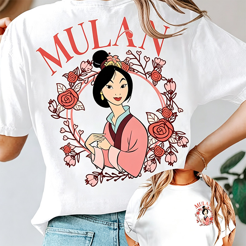Camiseta Feminina Com Estampa de Mulan Rodeada de Rosas Confortável Estilosa Linda Moda Feminina Casual