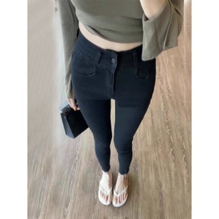 Calças de brim pretas femininas primavera novo estilo pequeno fino cintura alta magro elástico calças magras tornozelo c