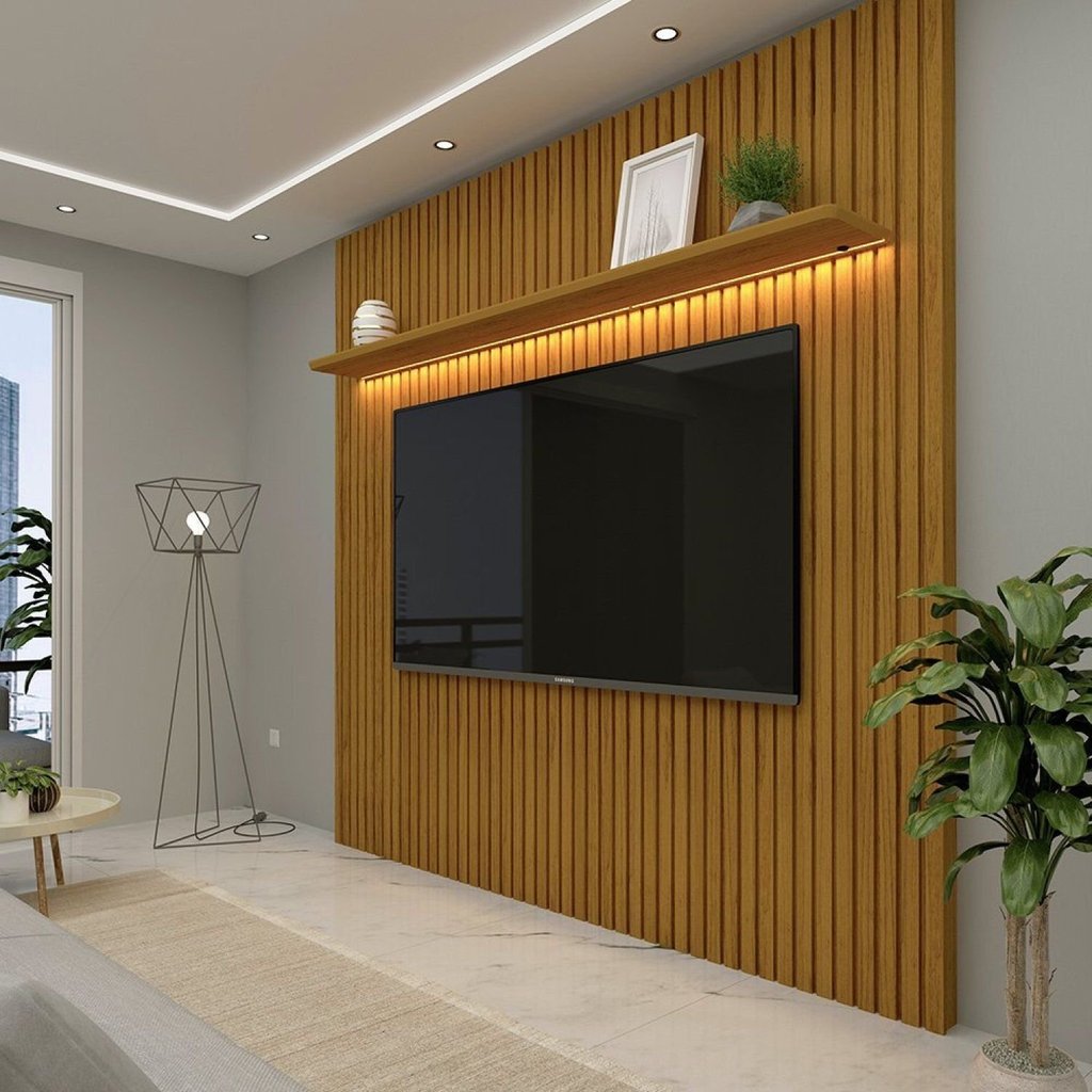 Painel Ripado para TV até 75 Polegadas 100% MDF com LED 185CMX250CM Nobre Marrom Naturale