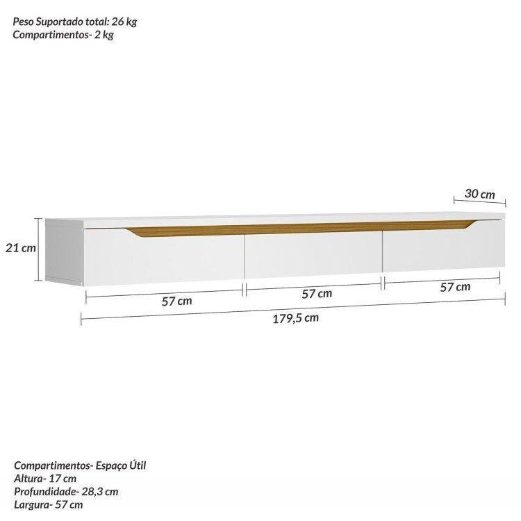 Rack Suspenso para TV até 65 Polegadas 180cm Branco Branco/Cedro · foto 2