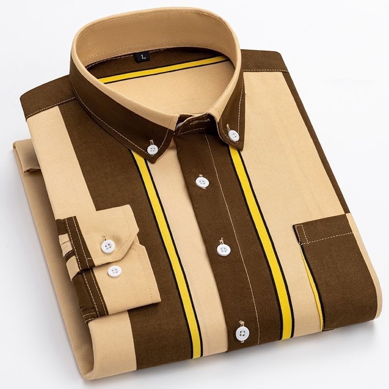 Camisa masculina de bolso de manga comprida listrada estampada estilo fino juventude de meia-idade pode usar camisas de 