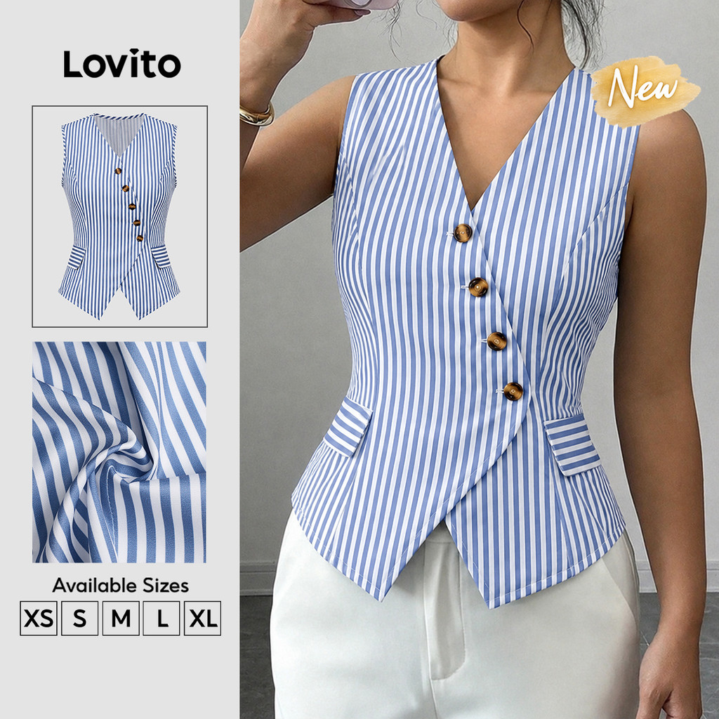 (New Arrival) Lovito Elegante Top Azul Listrado Manga Curta Gola V Com Botões Para Trabalho Primavera Verão Casual Feminino TKK9BR029