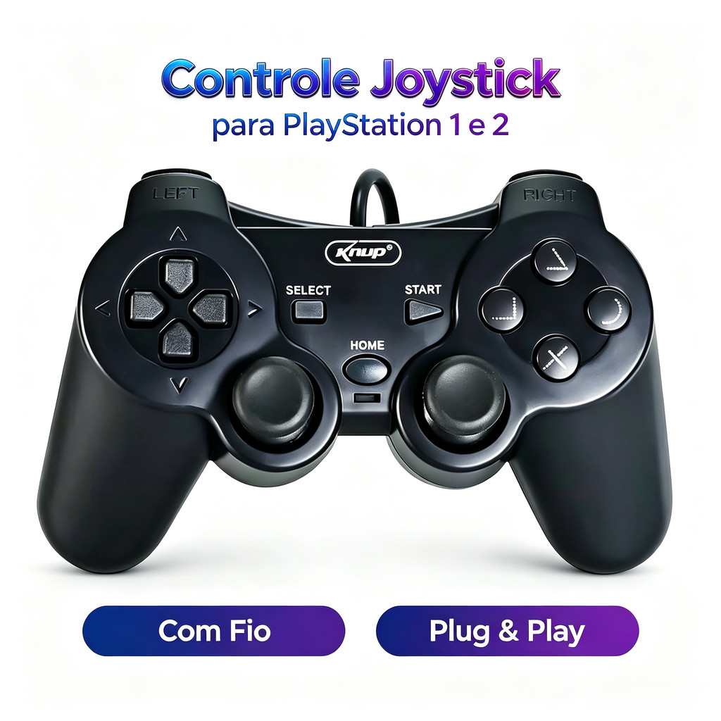 Controle Joystick com Vibração Com Fio 1,5M Conforto Ergonômico 12 Botões Digital e Analógico para PlayStation 1 e 2