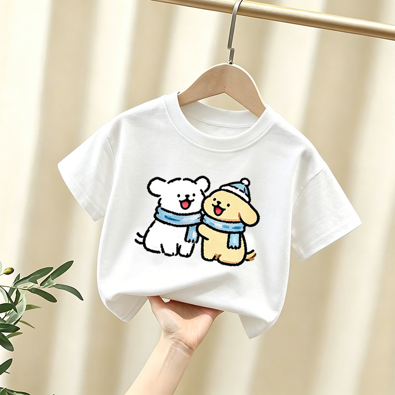 Crianças verão puro algodão bonito linha filhote de cachorro de manga curta camiseta meninos meninas bebê fino meia mang