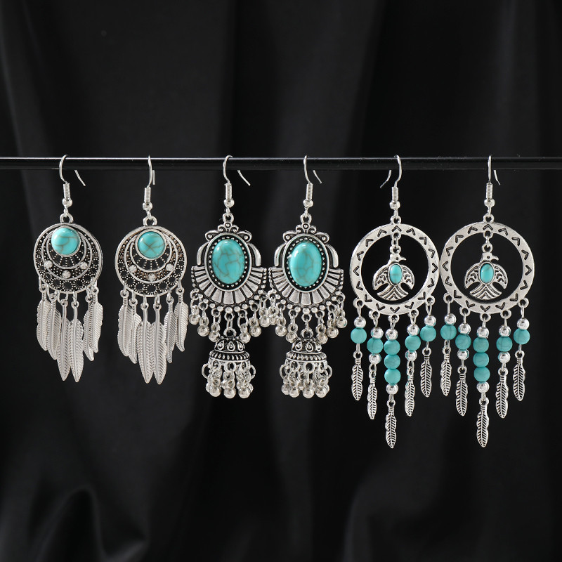 Nicho europeu americano estilo étnico azul turquesa brincos boêmio longo borla brincos feminino Design Retro brincos