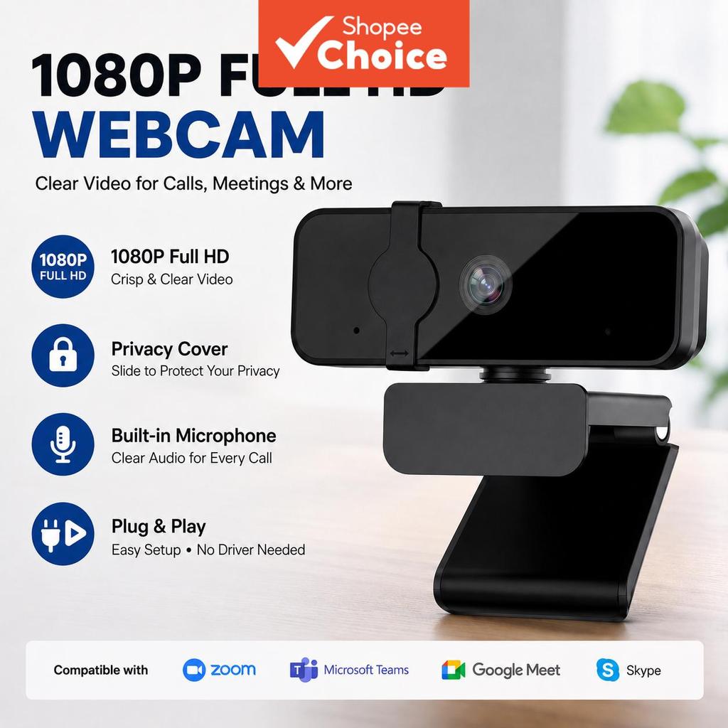 Câmera Web 1080P JCL para PC e Notebook, microfones com cancelamento de ruído, câmera USB de ângulo amplo com tampa de