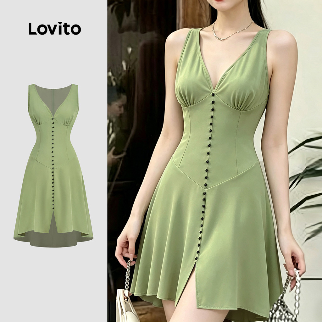 Lovito Vestido Elegante com Fenda Frontal e Botões Frontais Verde de Lazer para feminino L199ED248