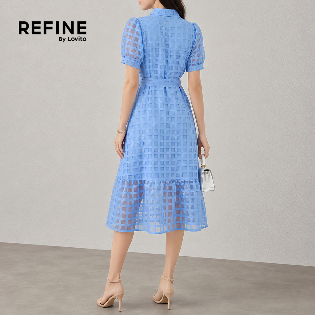 (Refine by Lovito) Babado Elegante Nacional Vestido Midi Feminino de Botões com Cinto para Primavera/verão Azul Trabalho LR13L065 — imagem 2 de 2