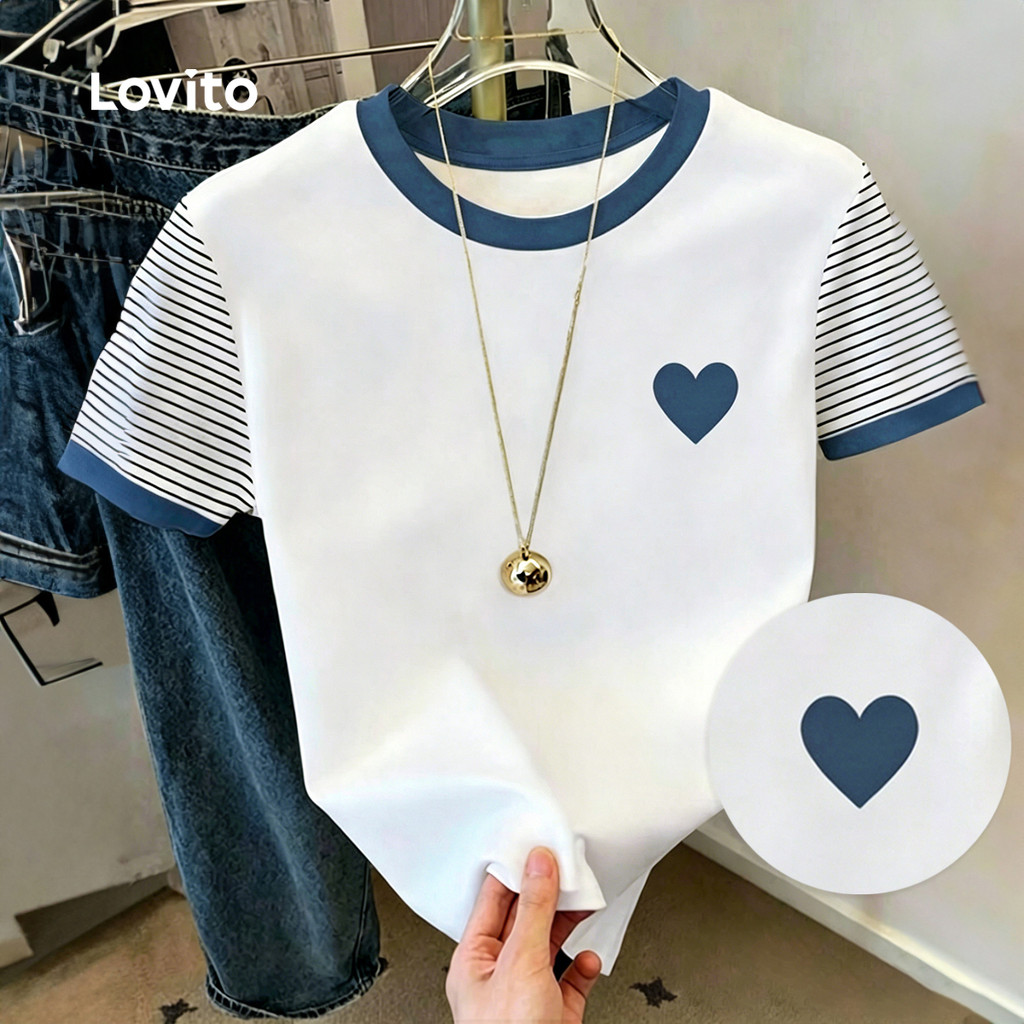 Lovito Camiseta Casual Feminina Branca para Primavera/verão Costura em Blocos de cor TSB199P2D690
