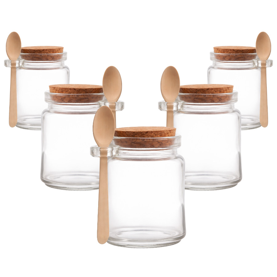 Kit 5 Porta Pote Tempero Saleiro Vidro com Colher de Bambu e Tampa Rolha 200ml