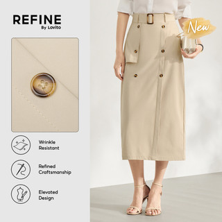 (New Arrival) (Refine by Lovito) Saias cáqui Femininas Longas Retas 2 botões Sem Rugas escritório Trajeto E Trabalho SKR44P1D038