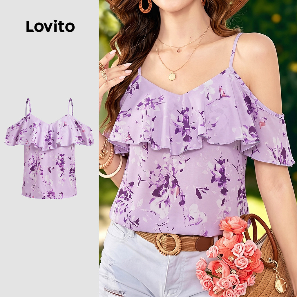 (New Arrival) Lovito Blusa Boho Babados Roxo Primavera/verão para Mulheres BLK8P1D558
