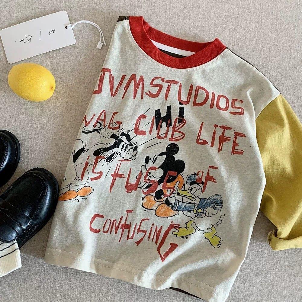 Crianças primavera outono dos desenhos animados impressão cor combinando manga comprida camiseta meninos meninas Casual 