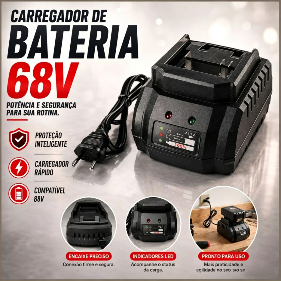 Carregador De Bateria De 68V Compatível Com Ferramentas Makita Design Compacto.