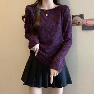Tamanho grande renda Jacquard manga comprida camiseta roupas femininas gordura mm primavera outono estilo ocidental All-